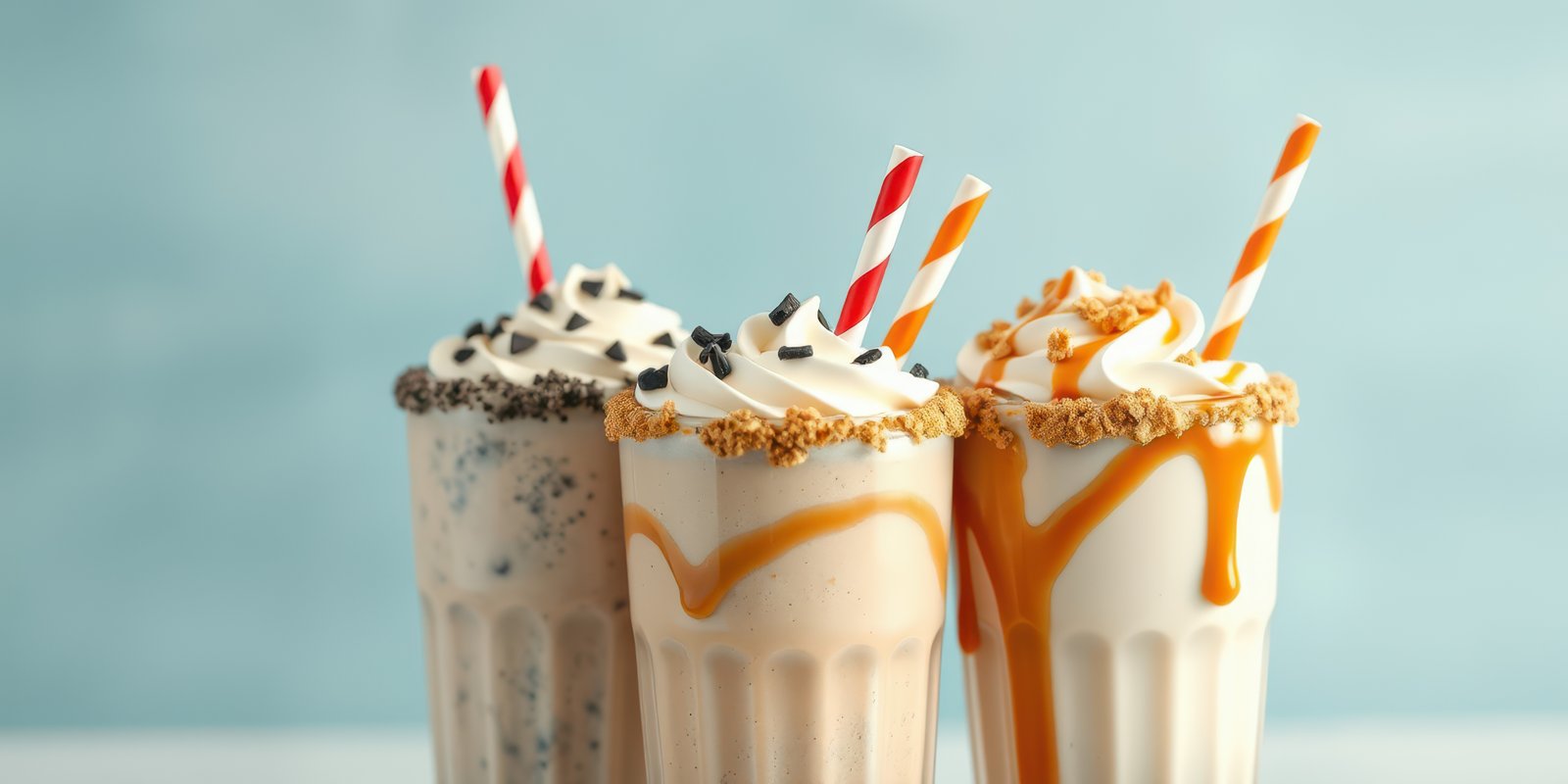 Three delicious shakes artfully arranged with colorful straws and toppings in a bright setting
